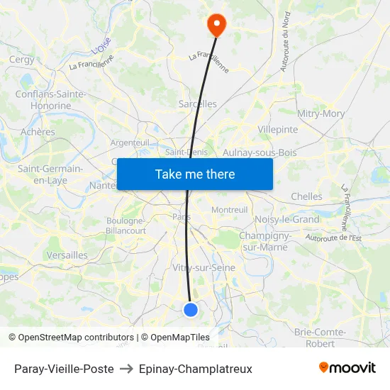 Paray-Vieille-Poste to Epinay-Champlatreux map