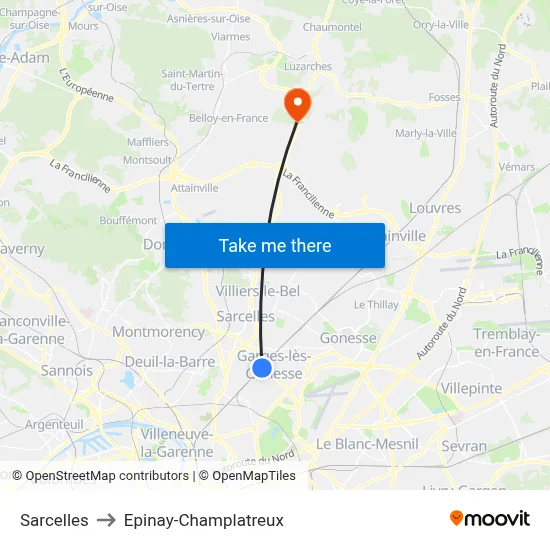 Sarcelles to Epinay-Champlatreux map