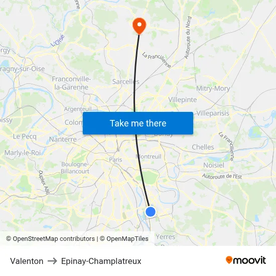 Valenton to Epinay-Champlatreux map