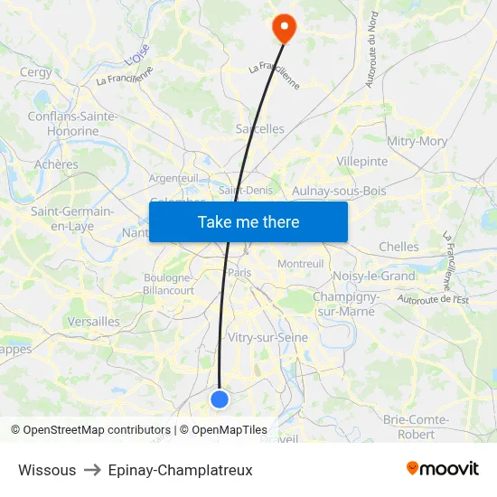 Wissous to Epinay-Champlatreux map