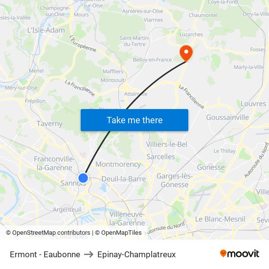 Ermont - Eaubonne to Epinay-Champlatreux map