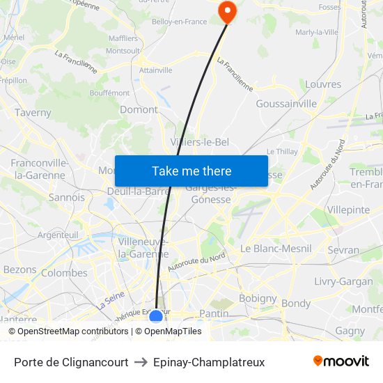 Porte de Clignancourt to Epinay-Champlatreux map