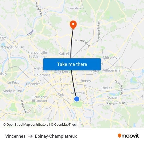 Vincennes to Epinay-Champlatreux map