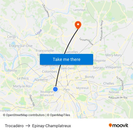 Trocadéro to Epinay-Champlatreux map