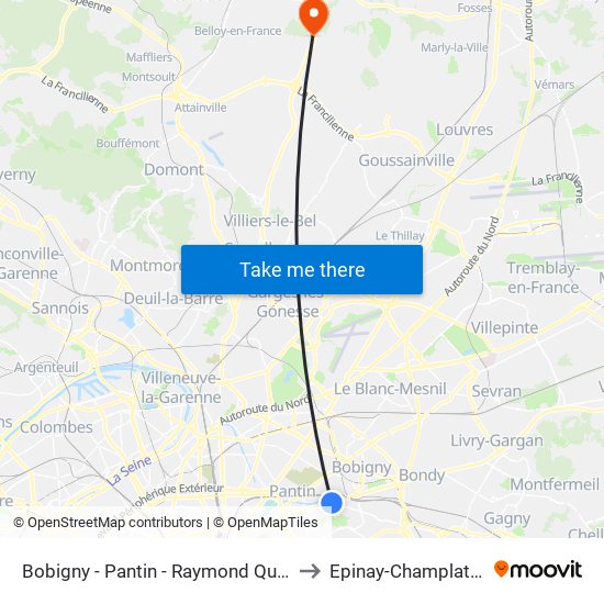 Bobigny - Pantin - Raymond Queneau to Epinay-Champlatreux map