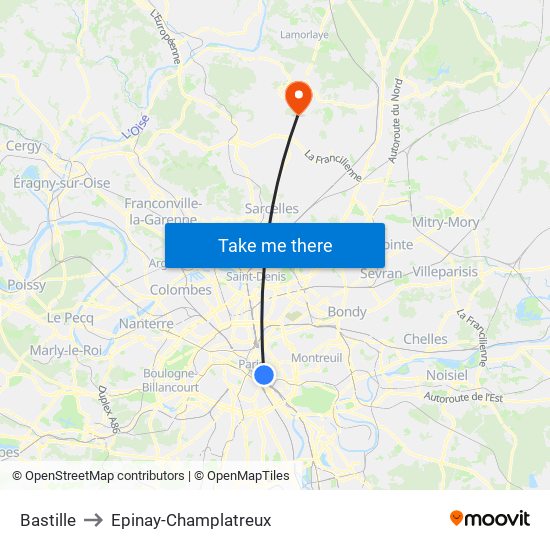 Bastille to Epinay-Champlatreux map