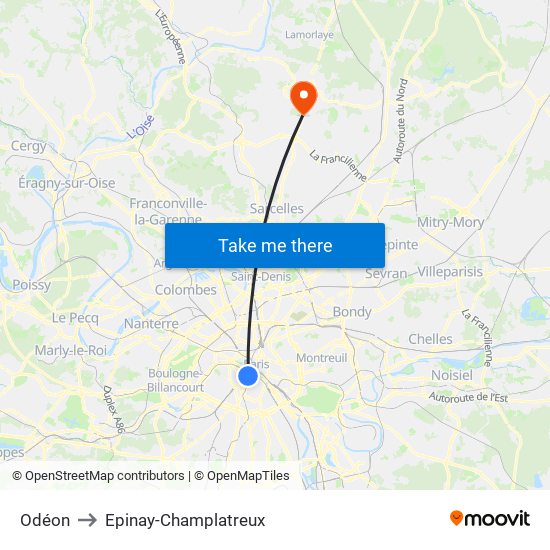 Odéon to Epinay-Champlatreux map