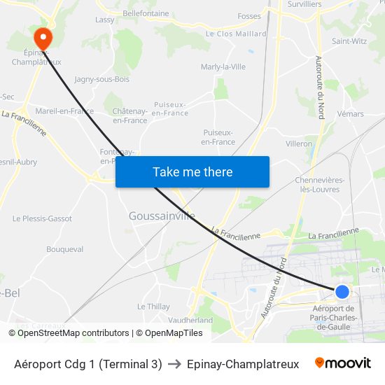 Aéroport Cdg 1 (Terminal 3) to Epinay-Champlatreux map