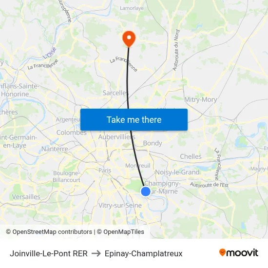 Joinville-Le-Pont RER to Epinay-Champlatreux map