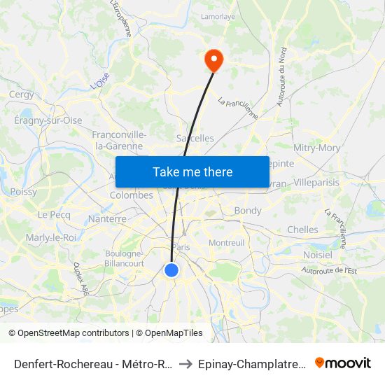 Denfert-Rochereau - Métro-Rer to Epinay-Champlatreux map