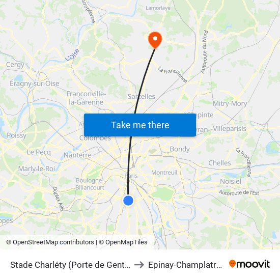 Stade Charléty (Porte de Gentilly) to Epinay-Champlatreux map