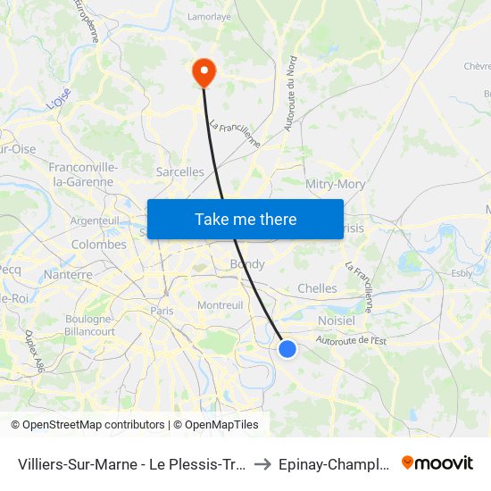 Villiers-Sur-Marne - Le Plessis-Trévise RER to Epinay-Champlatreux map