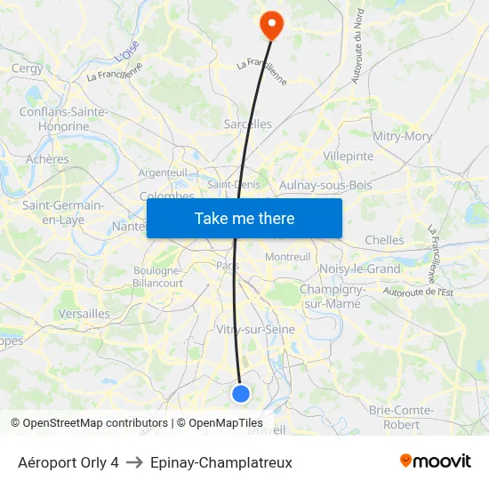 Aéroport Orly 4 to Epinay-Champlatreux map