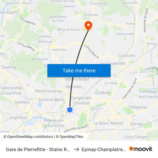 Gare de Pierrefitte - Stains RER to Epinay-Champlatreux map