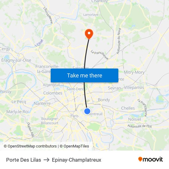 Porte Des Lilas to Epinay-Champlatreux map