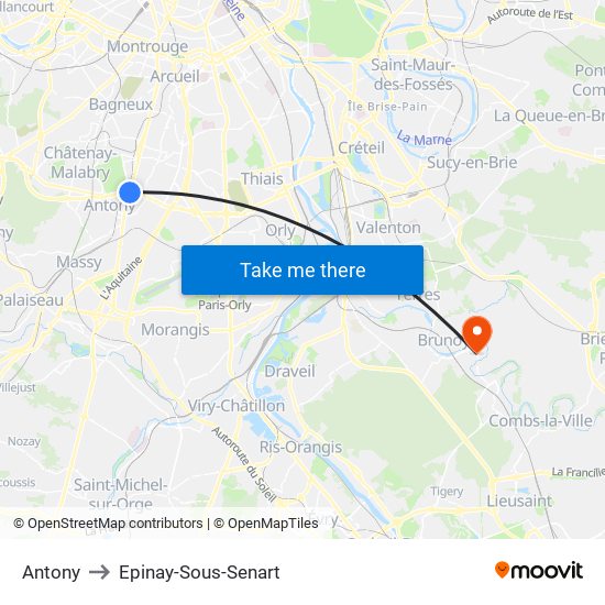 Antony to Epinay-Sous-Senart map
