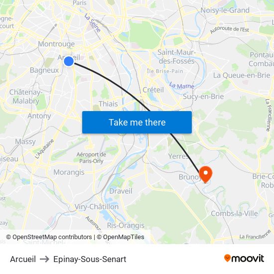 Arcueil to Epinay-Sous-Senart map