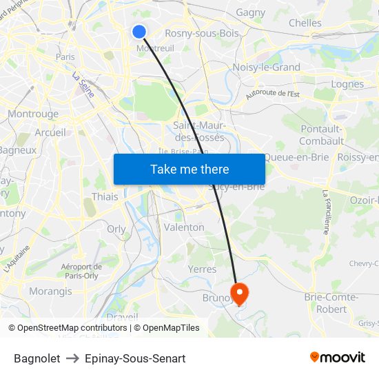 Bagnolet to Epinay-Sous-Senart map