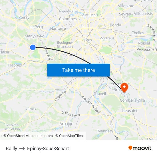 Bailly to Epinay-Sous-Senart map