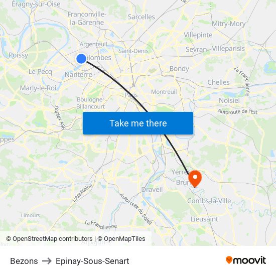 Bezons to Epinay-Sous-Senart map