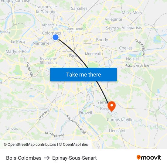 Bois-Colombes to Epinay-Sous-Senart map