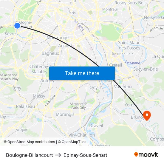 Boulogne-Billancourt to Epinay-Sous-Senart map