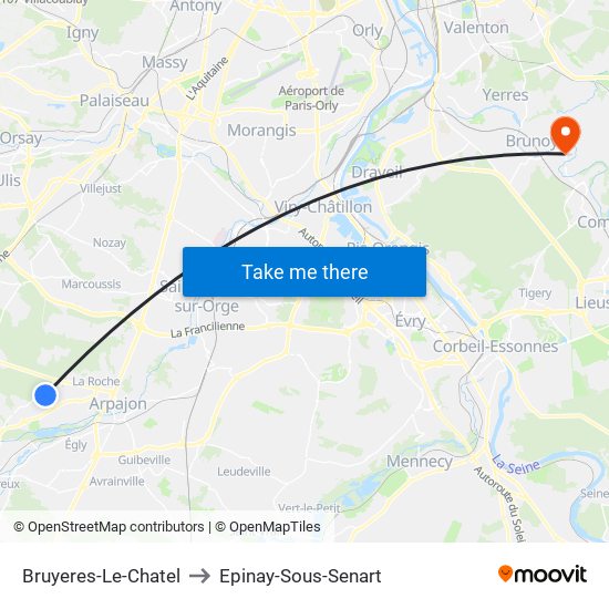 Bruyeres-Le-Chatel to Epinay-Sous-Senart map
