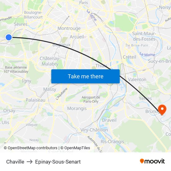 Chaville to Epinay-Sous-Senart map