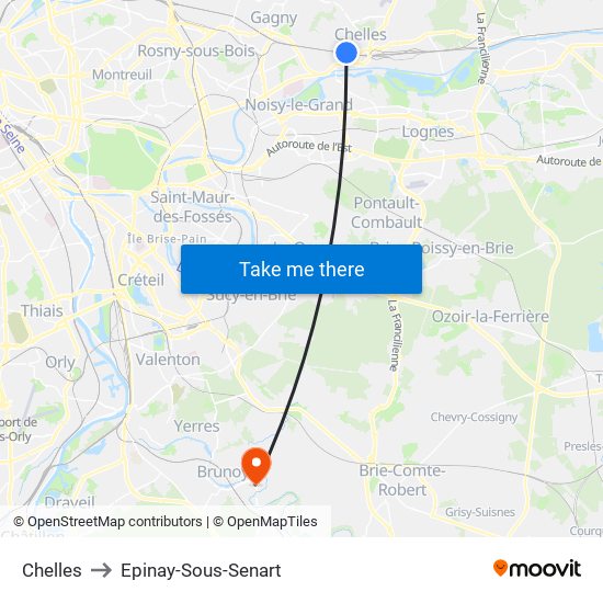 Chelles to Epinay-Sous-Senart map
