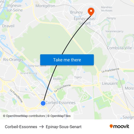 Corbeil-Essonnes to Epinay-Sous-Senart map