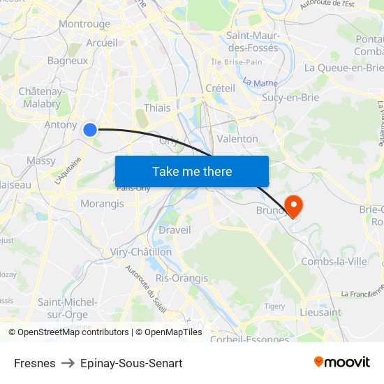 Fresnes to Epinay-Sous-Senart map