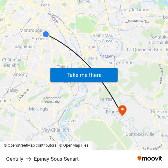 Gentilly to Epinay-Sous-Senart map