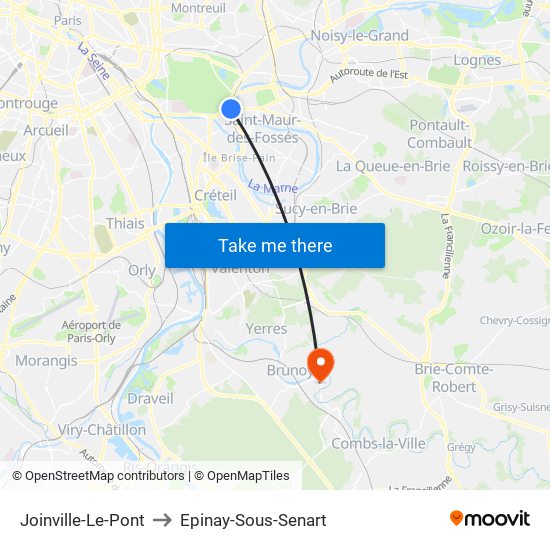 Joinville-Le-Pont to Epinay-Sous-Senart map