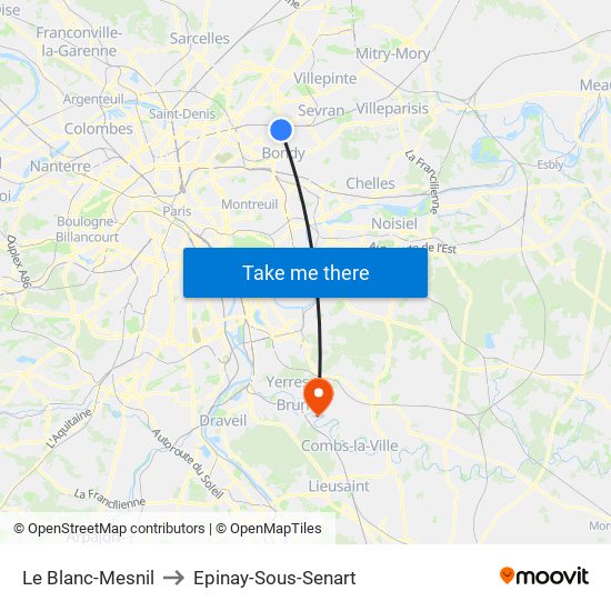 Le Blanc-Mesnil to Epinay-Sous-Senart map