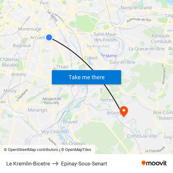 Le Kremlin-Bicetre to Epinay-Sous-Senart map