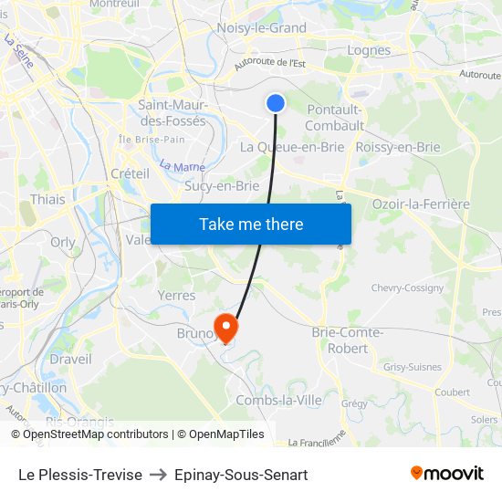 Le Plessis-Trevise to Epinay-Sous-Senart map