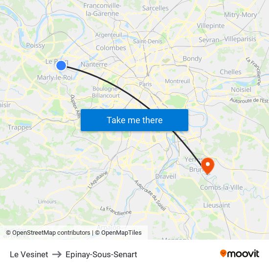 Le Vesinet to Epinay-Sous-Senart map