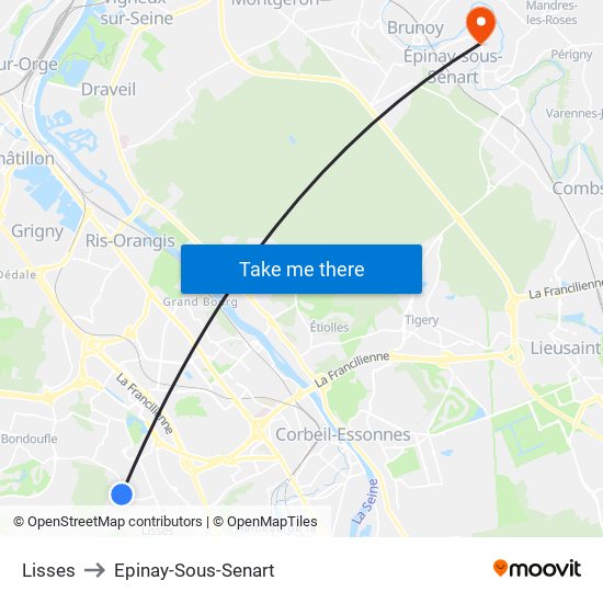 Lisses to Epinay-Sous-Senart map