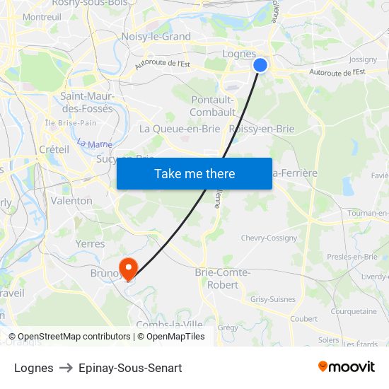 Lognes to Epinay-Sous-Senart map