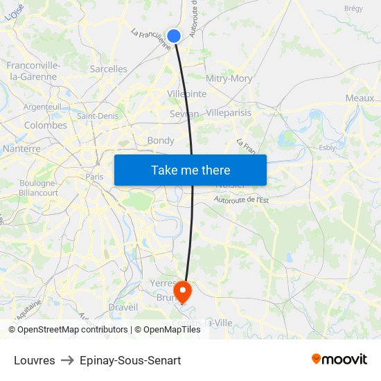 Louvres to Epinay-Sous-Senart map