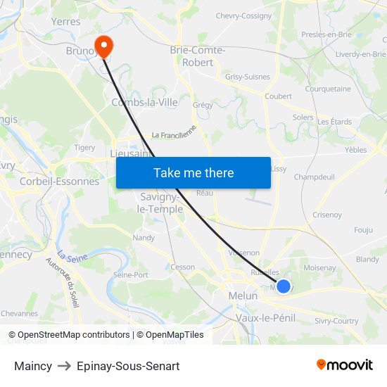 Maincy to Epinay-Sous-Senart map