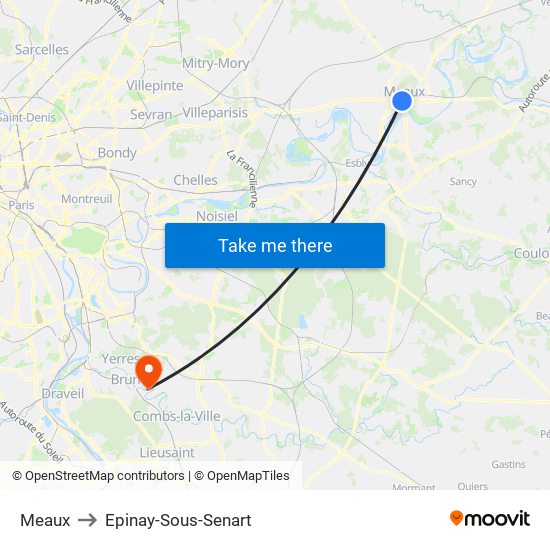 Meaux to Epinay-Sous-Senart map