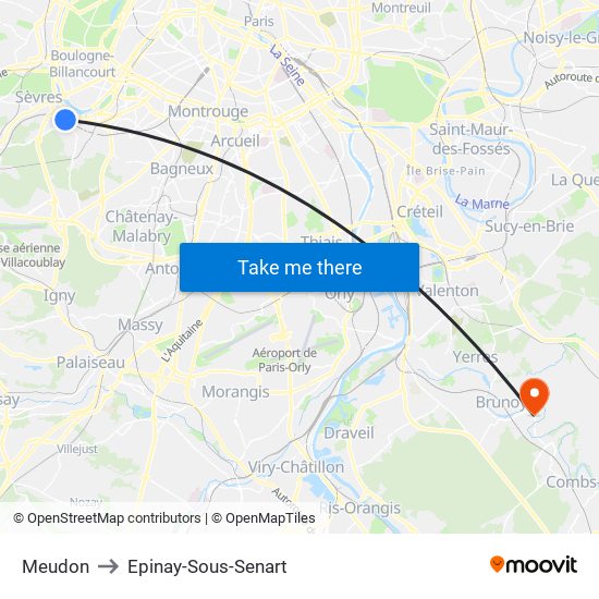 Meudon to Epinay-Sous-Senart map