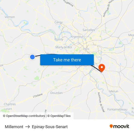 Millemont to Epinay-Sous-Senart map