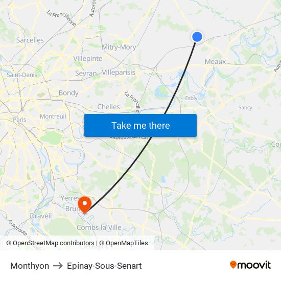 Monthyon to Epinay-Sous-Senart map