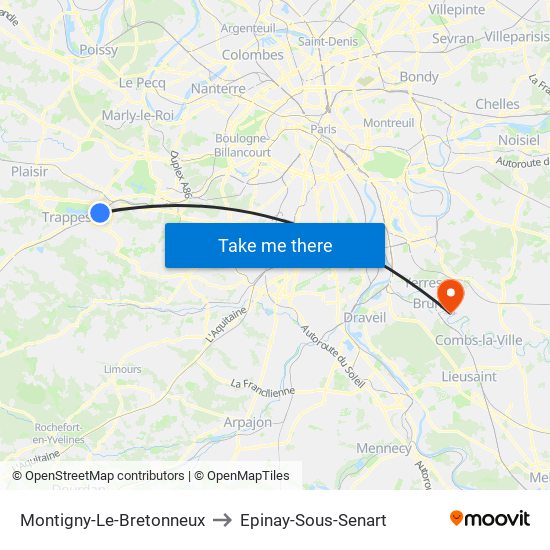 Montigny-Le-Bretonneux to Epinay-Sous-Senart map