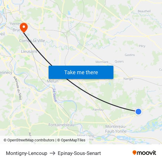 Montigny-Lencoup to Epinay-Sous-Senart map