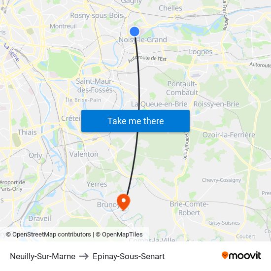 Neuilly-Sur-Marne to Epinay-Sous-Senart map