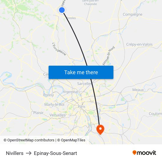 Nivillers to Epinay-Sous-Senart map