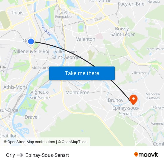 Orly to Epinay-Sous-Senart map